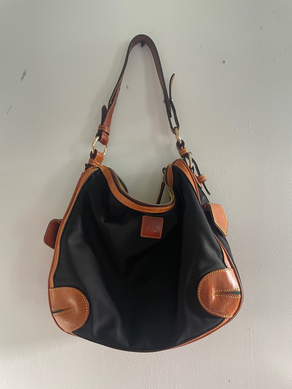 Dooney & Bourke Black Nylon Shoulder Hobo with Brown Leather Trim